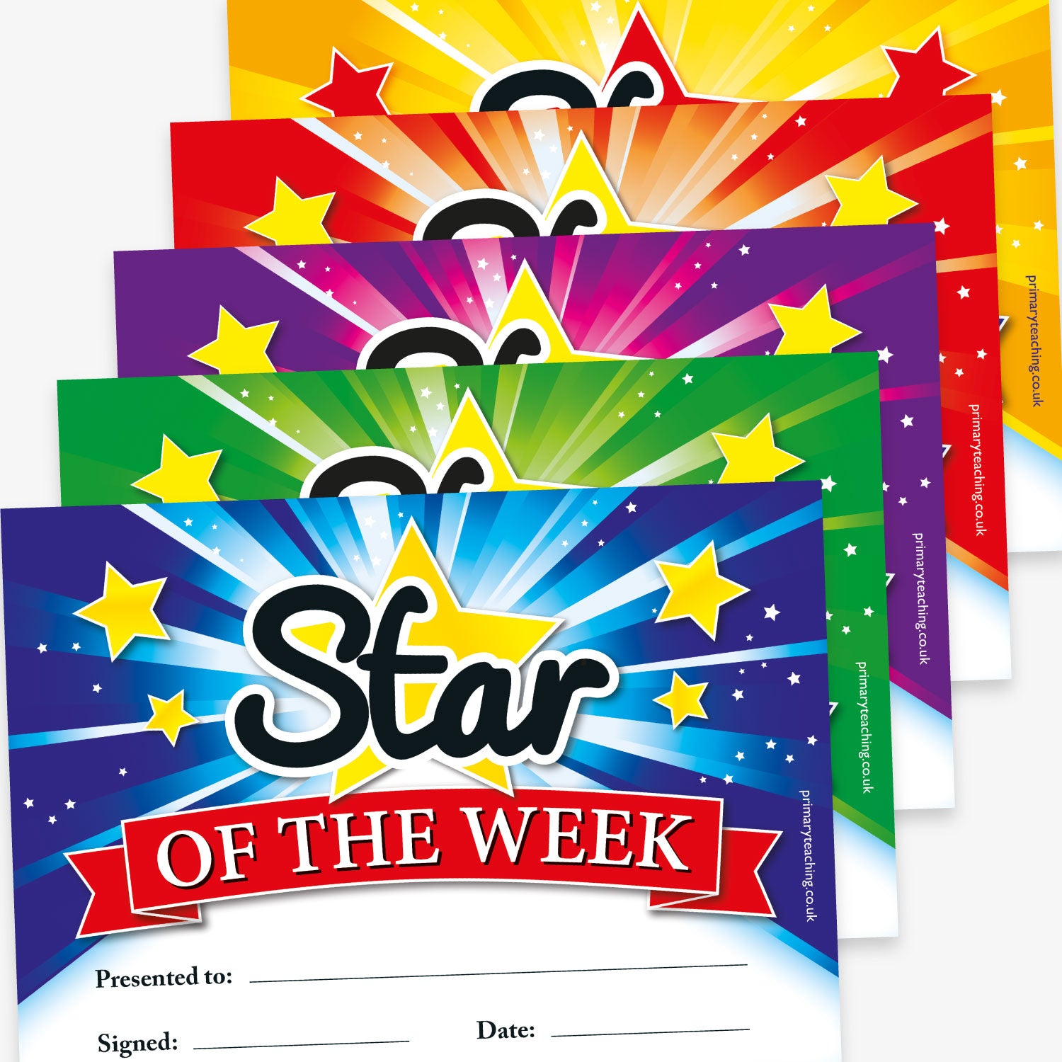 Set of colourful 'Star of the Week' certificates in a range of vibrant colours including blue, green, purple, red, and yellow. Each features a bold title with stars and a red banner, with space to write the recipient's name, date, and signature.