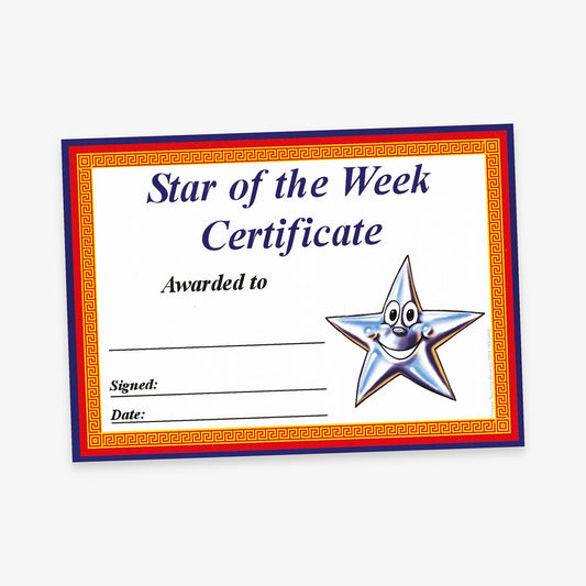 20 Star of the Week Smiley Star Certificates - A5