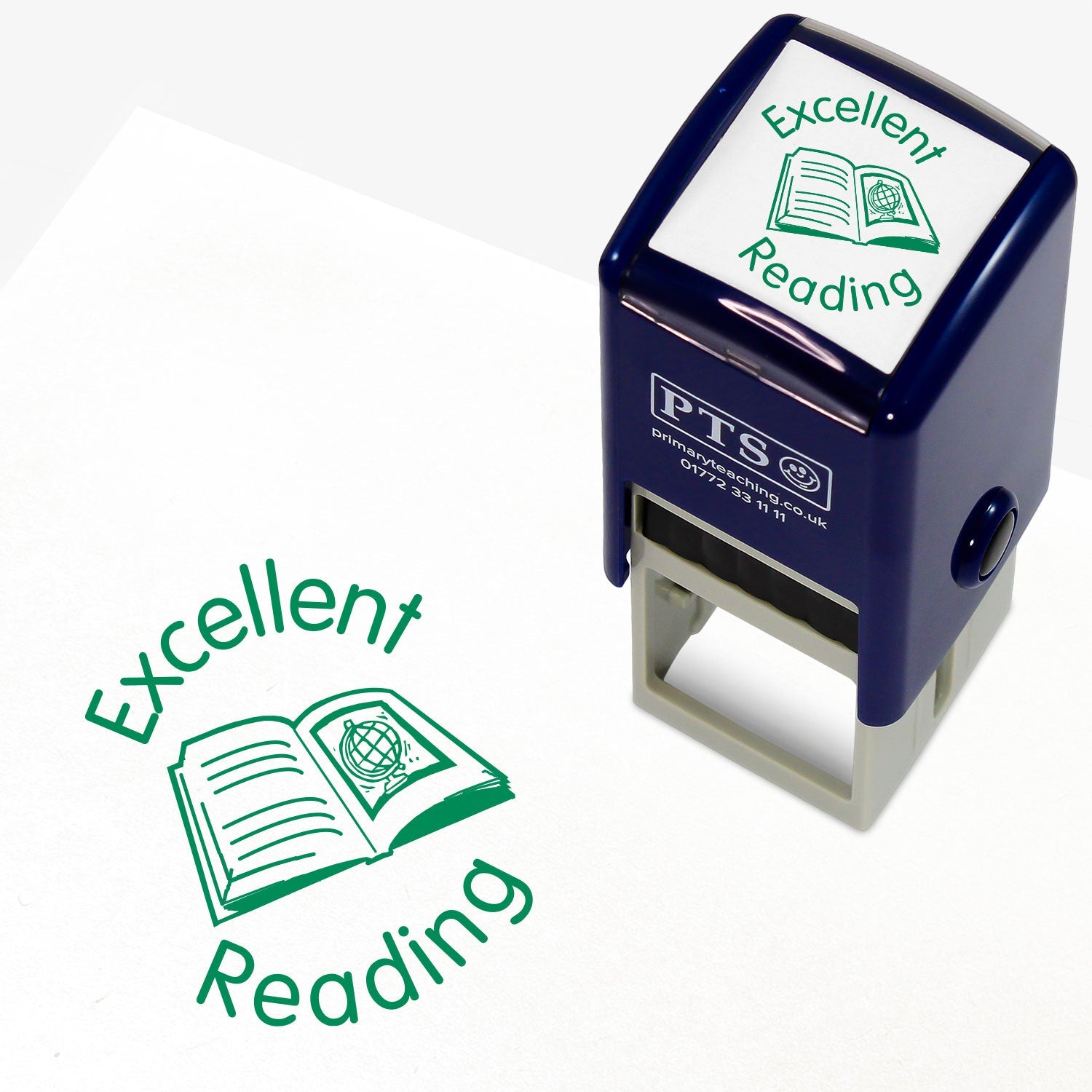 Green 25mm pre-inked stamper featuring the phrase 'Excellent reading' and an open book icon
