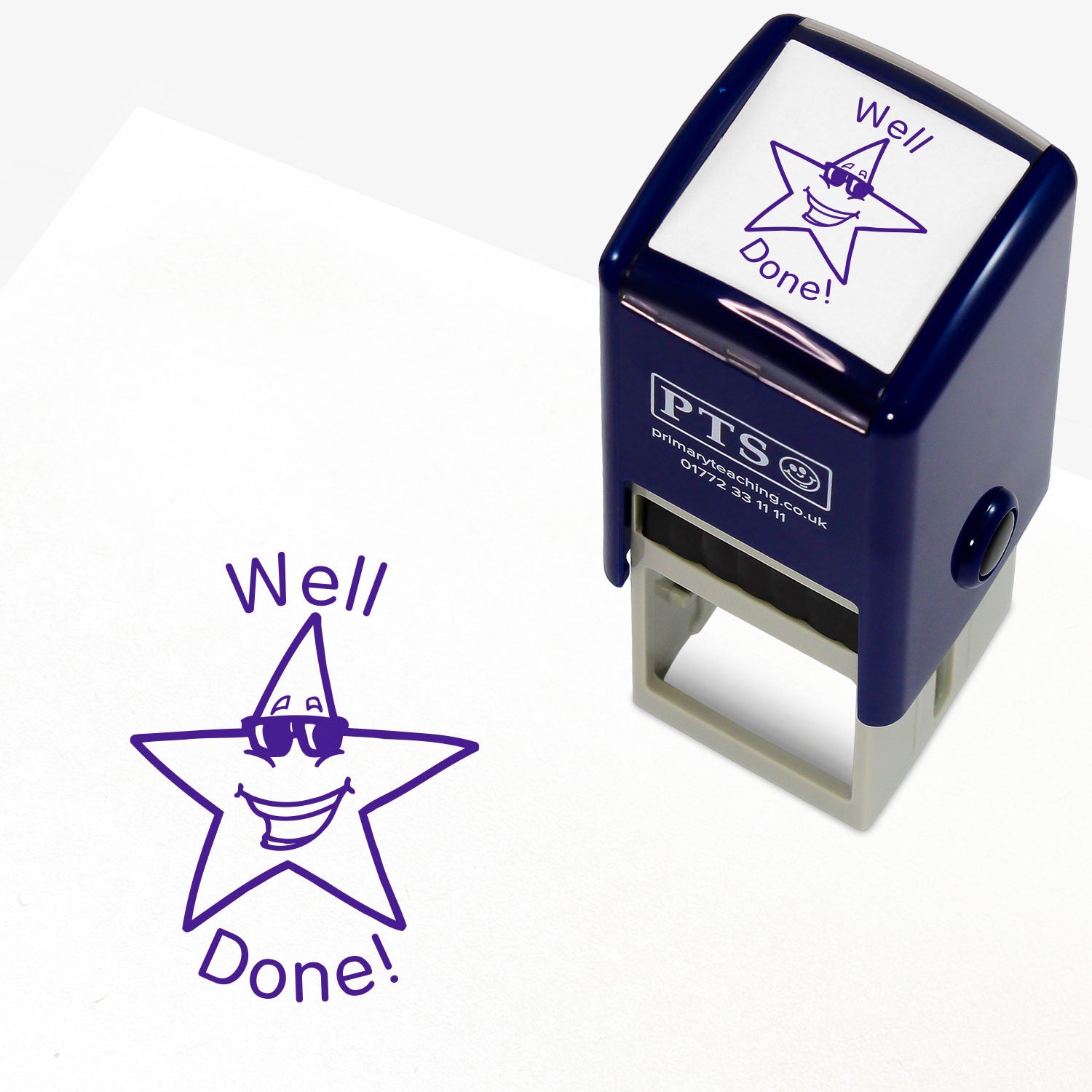 Well Done Star with Sunglasses Stamper from Primary Teaching Services, featuring a 25mm circular stamp design with a smiling star character wearing sunglasses and the text 'Well Done!' in bold purple letters. The stamper has a dark blue casing, ideal for rewarding pupil achievements.