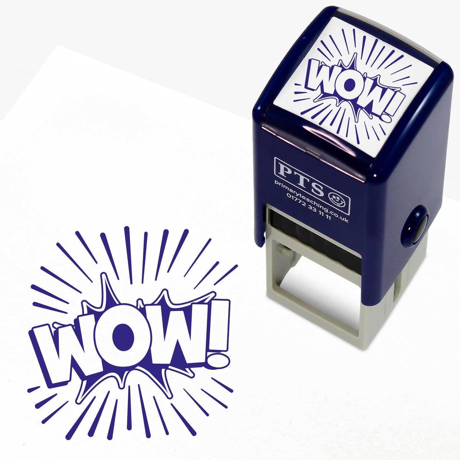 25mm self-inking stamper featuring the word 'WOW!' in bold white uppercase letters within a dynamic blue burst shape; ideal for providing positive reinforcement.