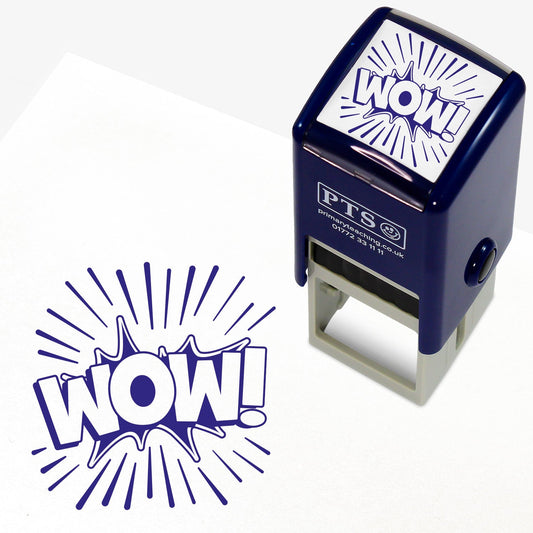 25mm self-inking stamper featuring the word 'WOW!' in bold white uppercase letters within a dynamic blue burst shape; ideal for providing positive reinforcement.