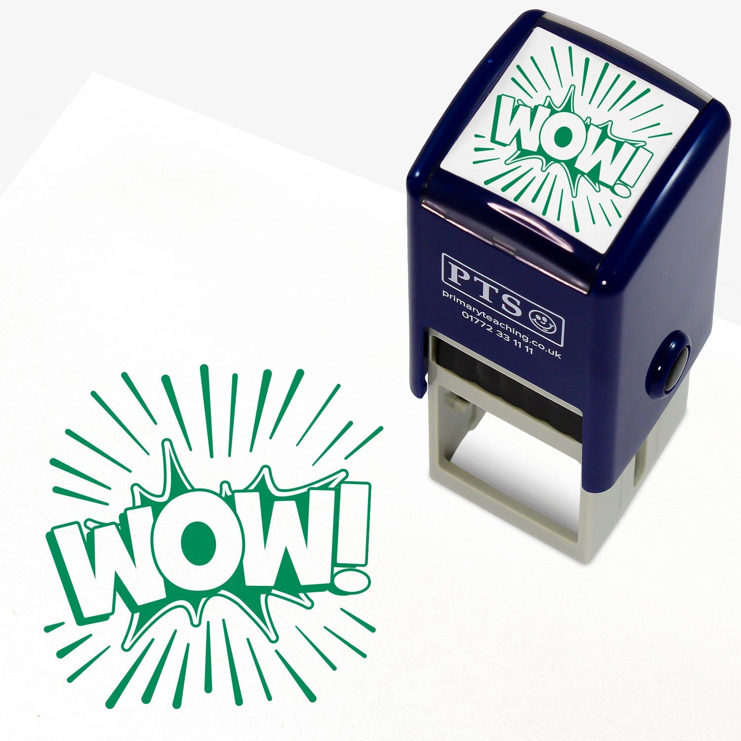 25mm self-inking stamper featuring the word 'WOW!' in bold white uppercase letters within a dynamic green burst shape; ideal for providing positive reinforcement.