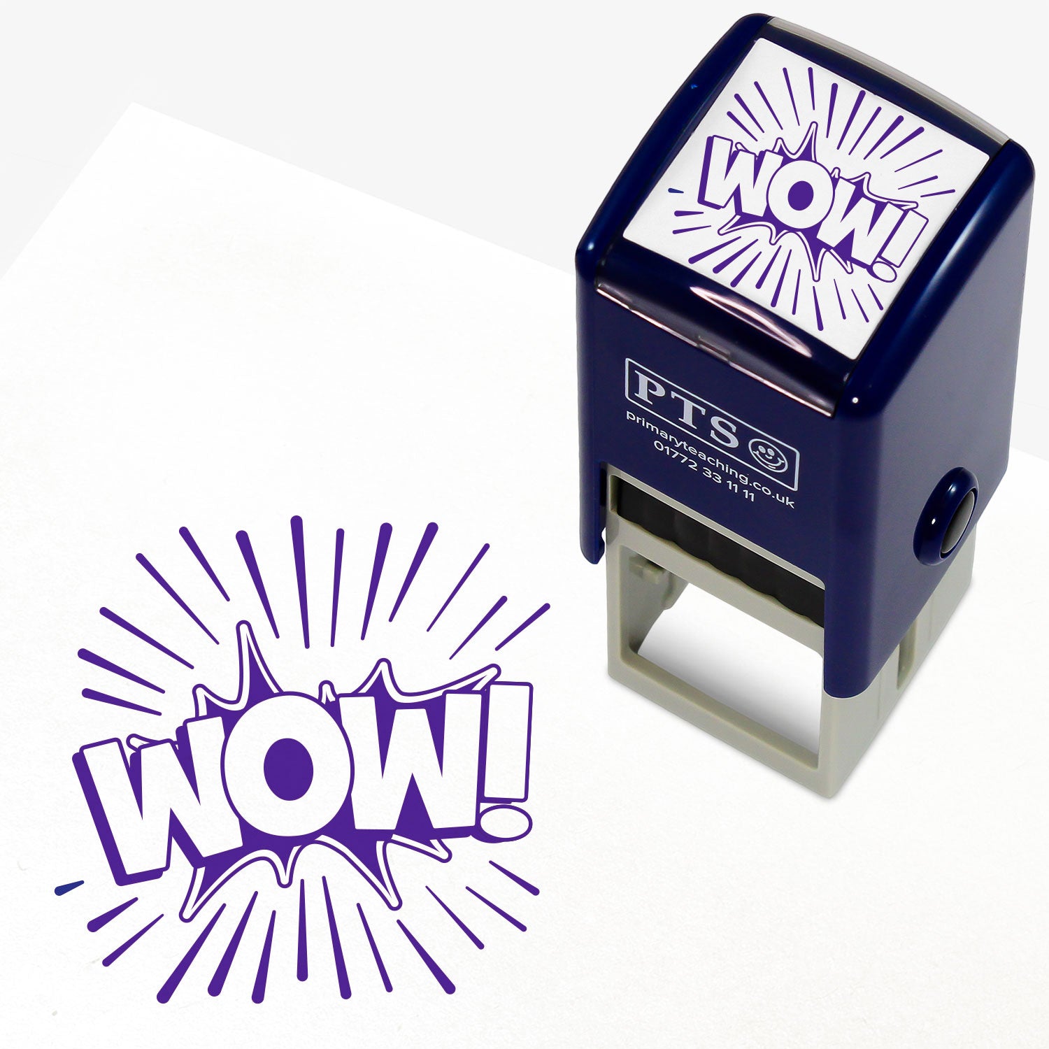 25mm self-inking stamper featuring the word 'WOW!' in bold white uppercase letters within a dynamic purple burst shape; ideal for providing positive reinforcement.
