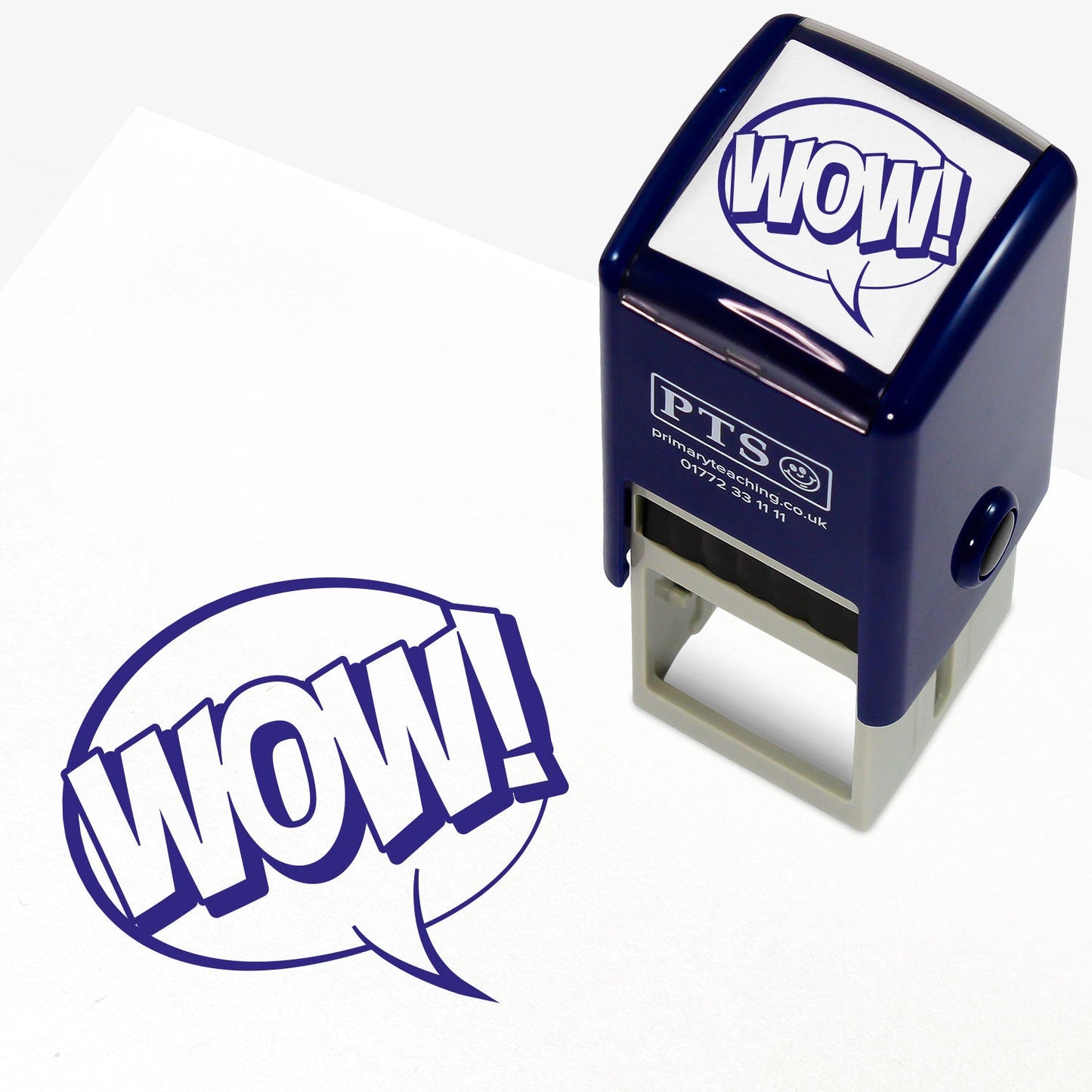 25mm self-inking stamper featuring the word 'WOW!' in bold white uppercase letters outlined in blue within a speech bubble; ideal for providing positive reinforcement.