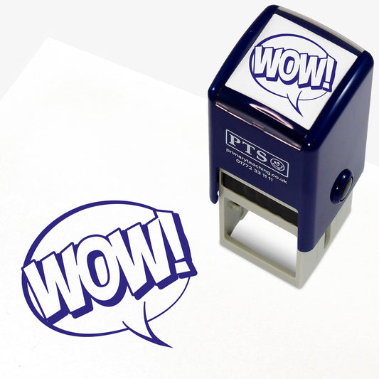 25mm self-inking stamper featuring the word 'WOW!' in bold white uppercase letters outlined in blue within a speech bubble; ideal for providing positive reinforcement.