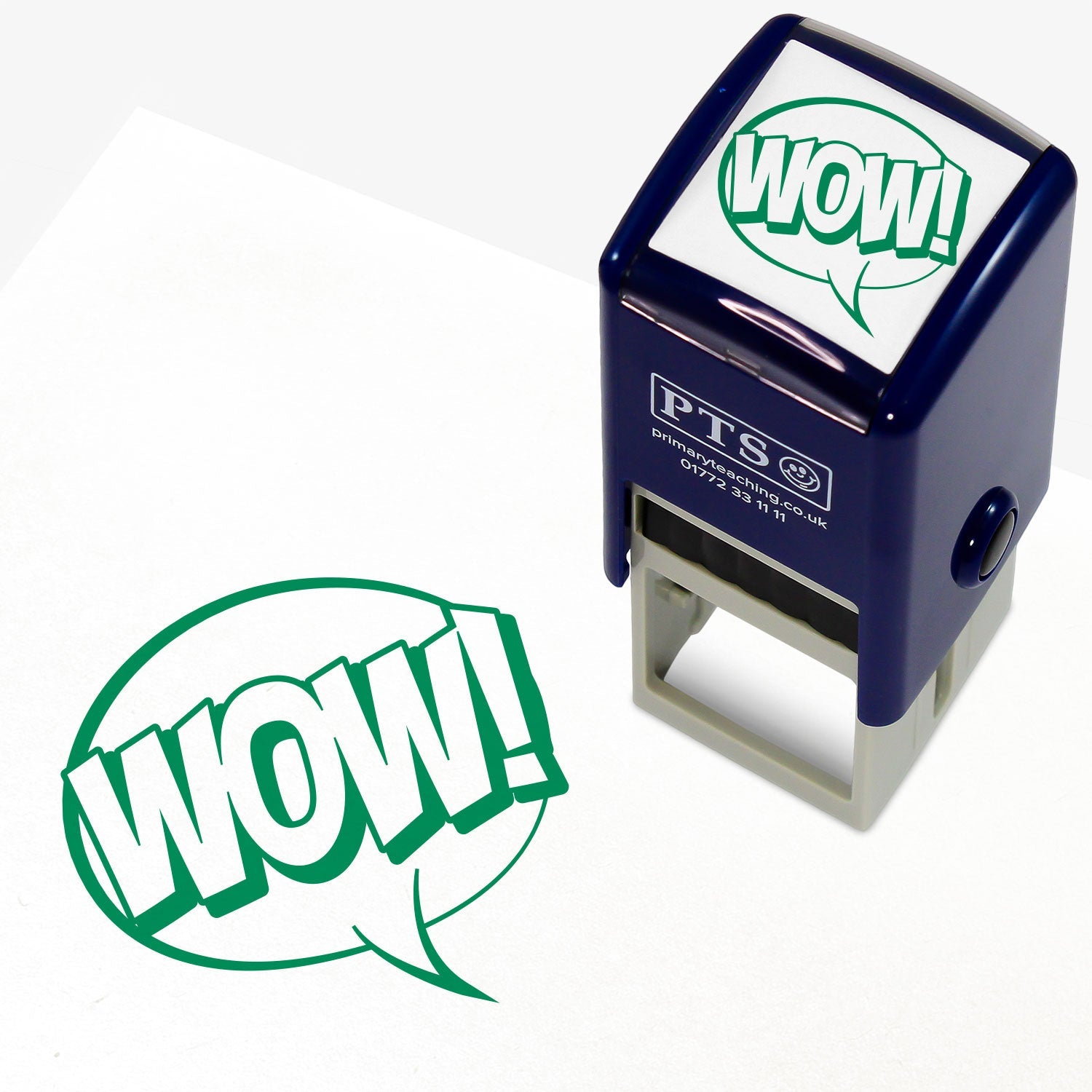 25mm self-inking stamper featuring the word 'WOW!' in bold white uppercase letters outlined in green within a speech bubble; ideal for providing positive reinforcement.