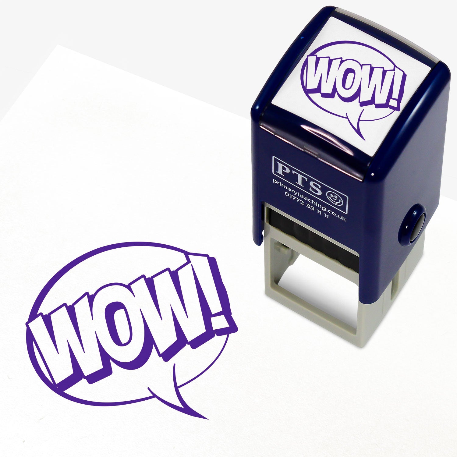 25mm self-inking stamper featuring the word 'WOW!' in bold white uppercase letters outlined in purple within a speech bubble; ideal for providing positive reinforcement.