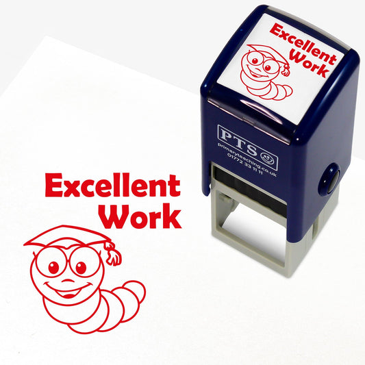 25mm self-inking stamper featuring the phrase 'Excellent Work' in bold red text above a smiling cartoon worm wearing glasses and a mortarboard; designed for teachers to provide positive feedback on pupils' work
