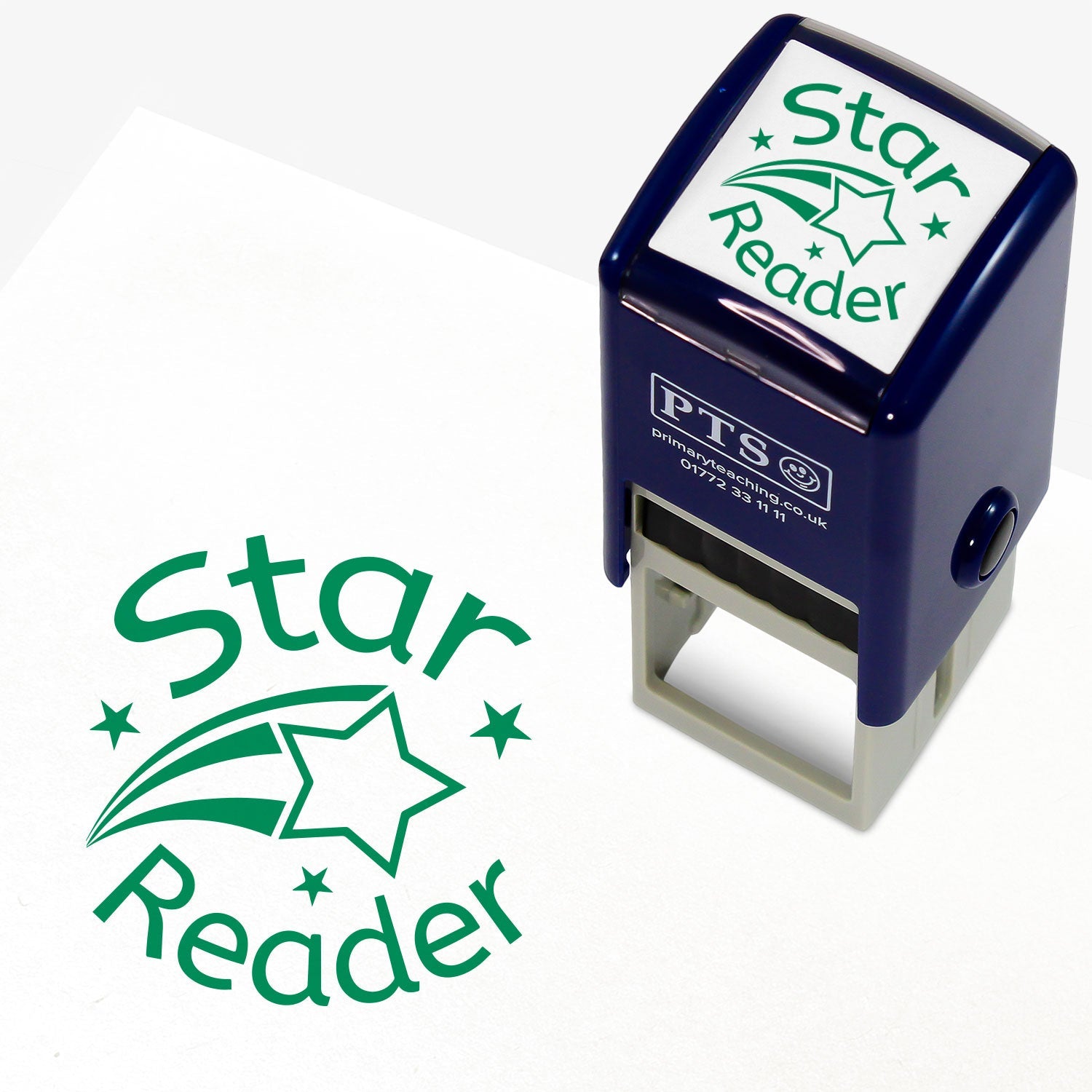A 25mm round pre-inked teacher stamper with green ink. The stamped design features the words 'Star Reader' in a playful font, accompanied by a stylised open book and stars. Ideal for rewarding pupils' reading achievements.
