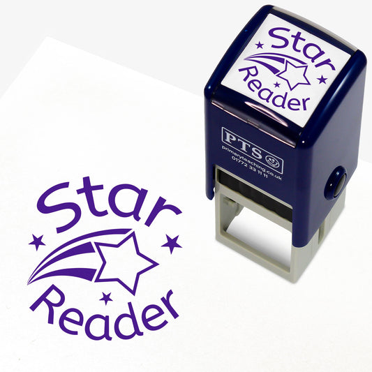 A 25mm round pre-inked teacher stamper with purple ink. The stamped design features the words 'Star Reader' in a playful font, accompanied by a stylised open book and stars. Ideal for rewarding pupils' reading achievements.
