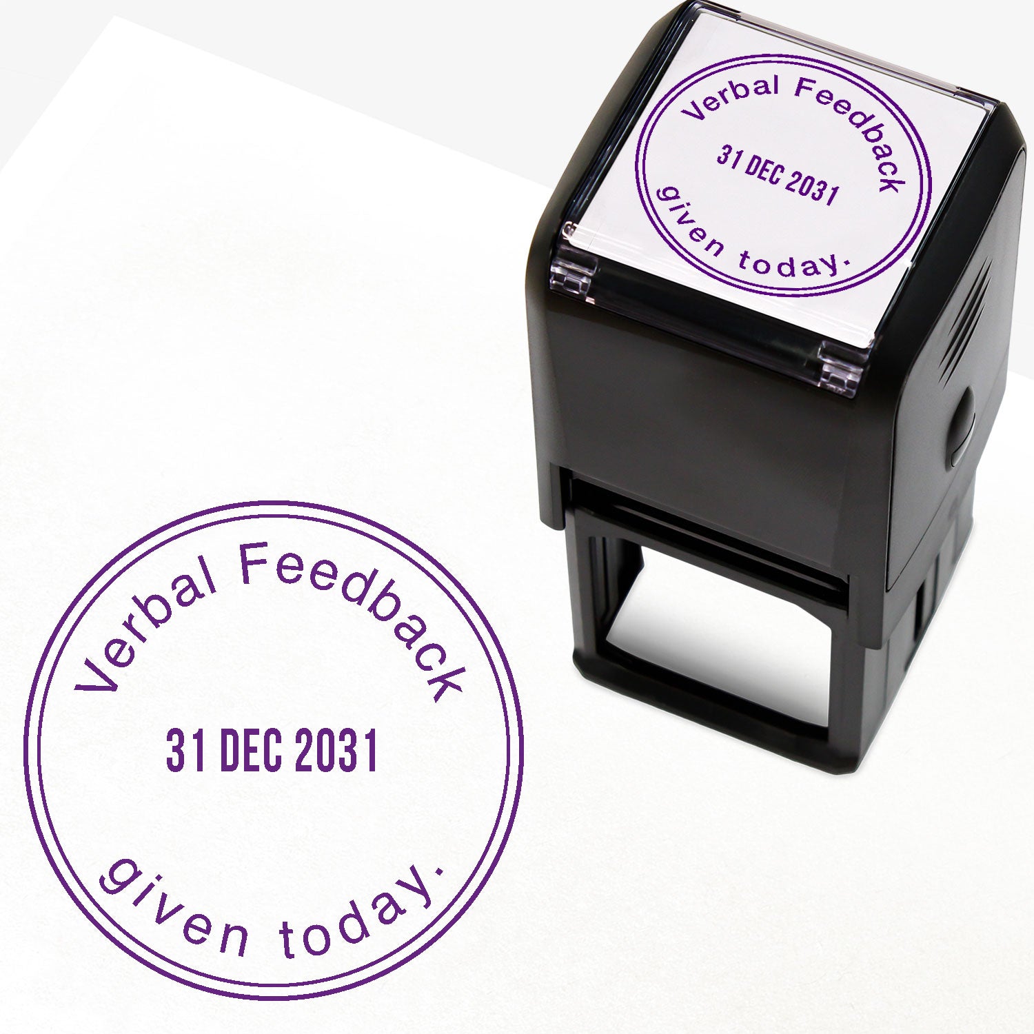 A 38mm circular self-inking teacher stamper with purple ink, featuring the phrase "Verbal Feedback given today." curved around the top and bottom edges. The centre displays an adjustable date, and is designed for marking pupils' work to indicate the provision of verbal feedback on a specific date.
