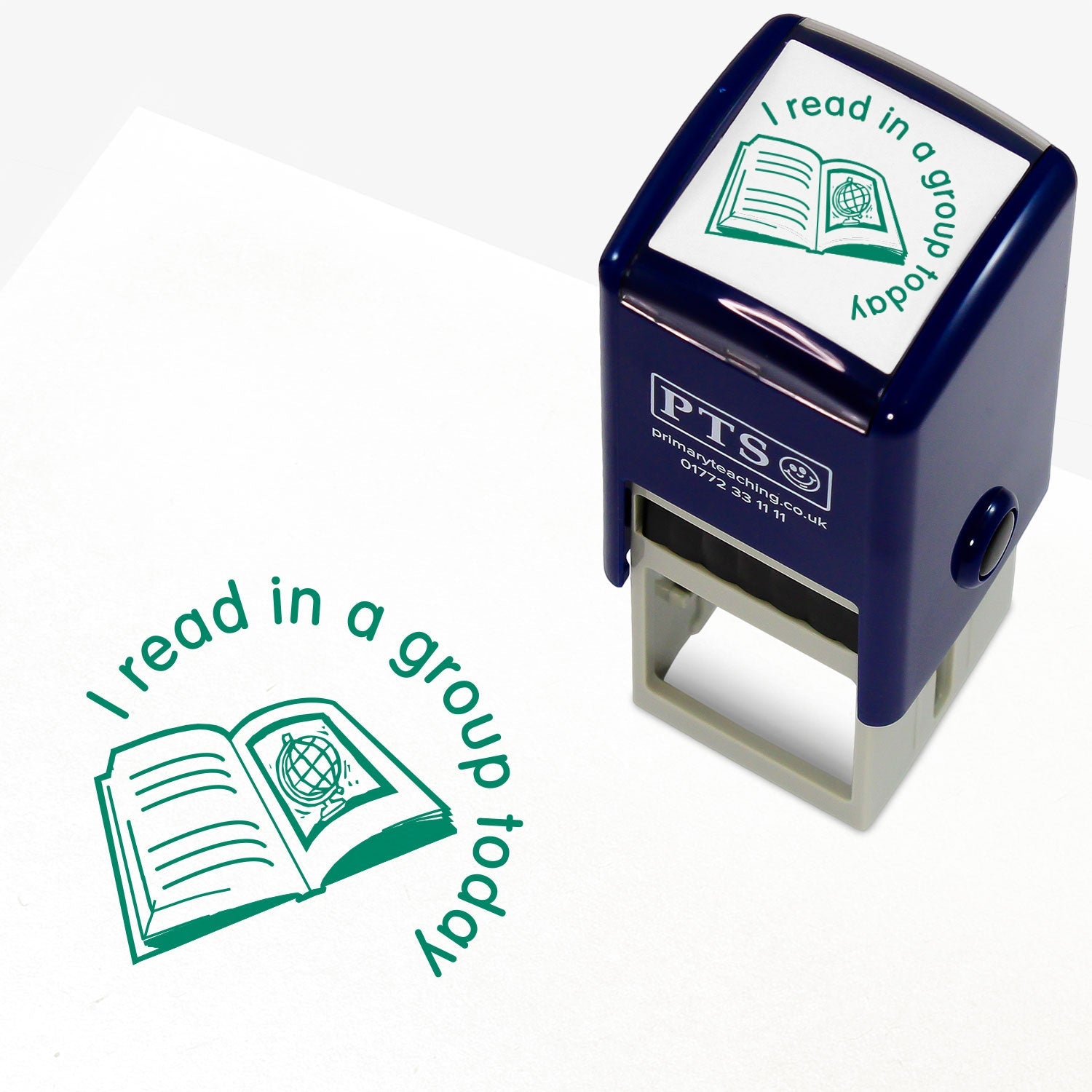 25mm self-inking stamper with green ink, featuring the phrase 'I read in a group today' in a curved font above an open book illustration with a globe; ideal for marking pupils' reading records.