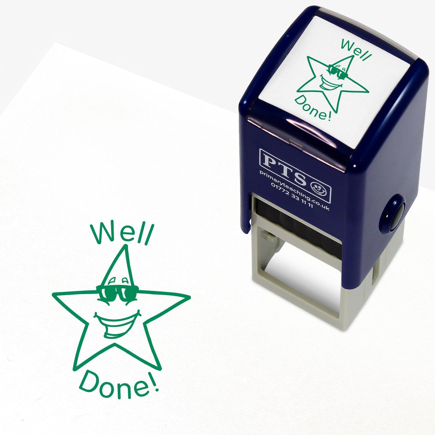 Well Done Star with Sunglasses Stamper from Primary Teaching Services, featuring a 25mm circular stamp design with a smiling star character wearing sunglasses and the text 'Well Done!' in bold green letters. The stamper has a dark blue casing, ideal for rewarding pupil achievements.
