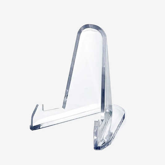 Clear plastic stand on a white background. To be used to display photo coasters.