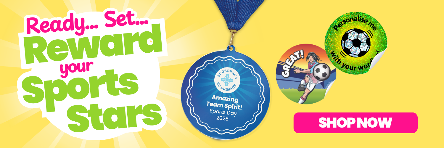 Promotional banner for rewarding sports stars with medals and stickers on a yellow background.
