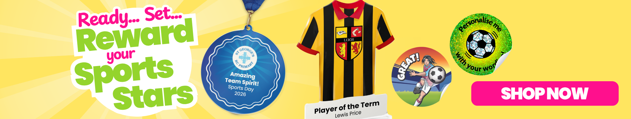Promotional banner for rewarding sports stars with a sports jersey, medals, and 'Shop Now' button.