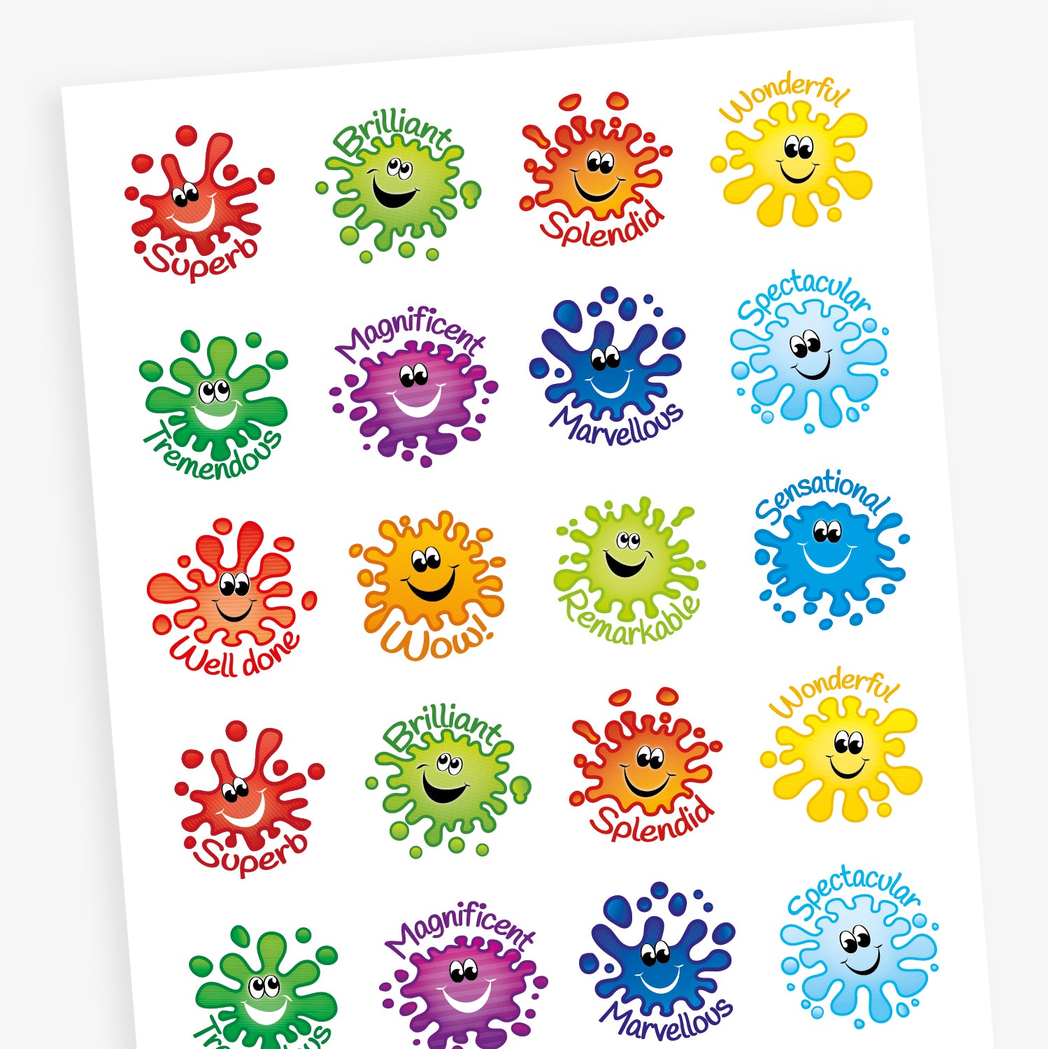 A sheet of circular reward stickers featuring colourful paint splat characters with smiling faces. Each sticker has a positive word in playful font, including 'Superb', 'Brilliant', 'Tremendous', and 'Magnificent', in matching colours to the splats.