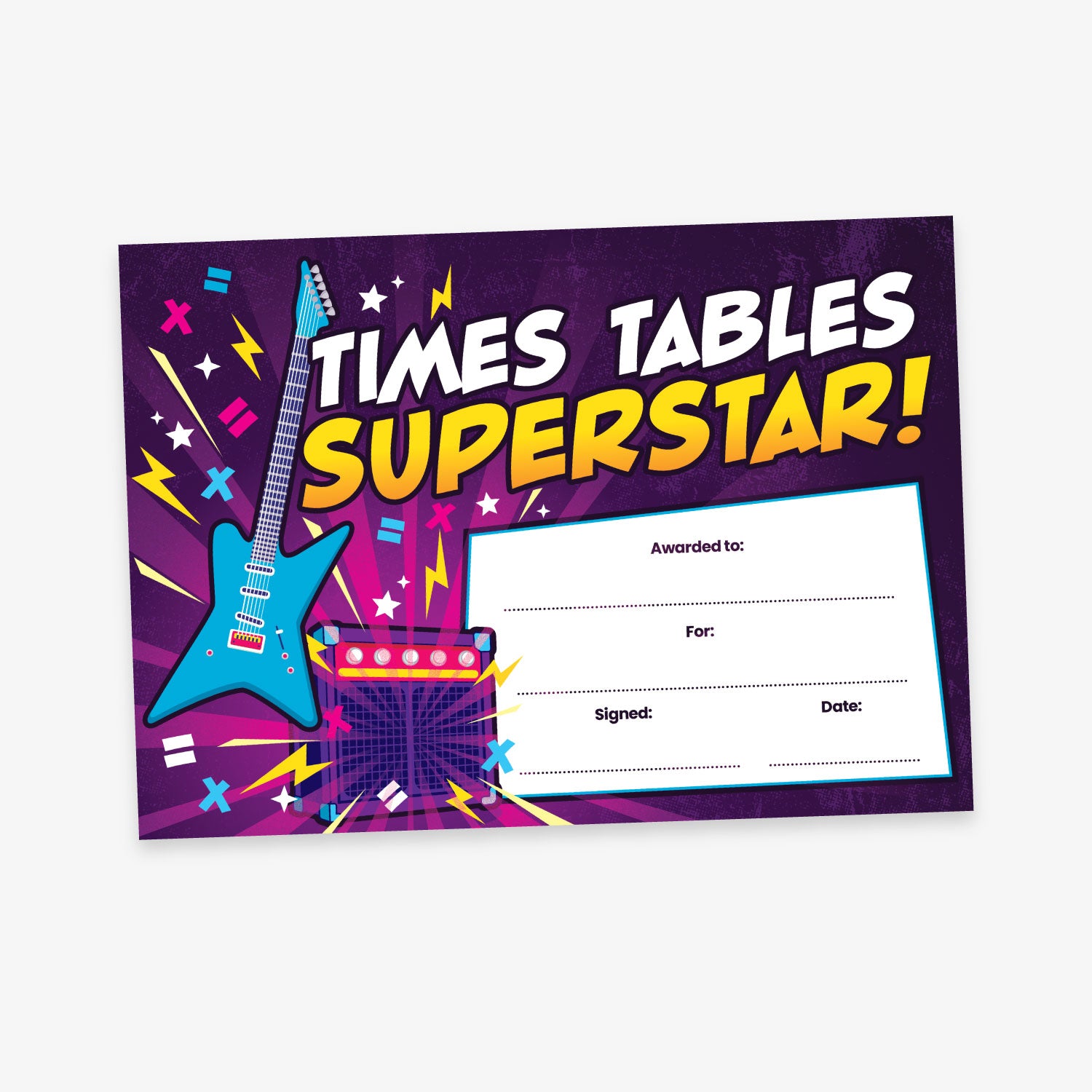 Times Tables Superstar certificate with guitar illustration on a purple background