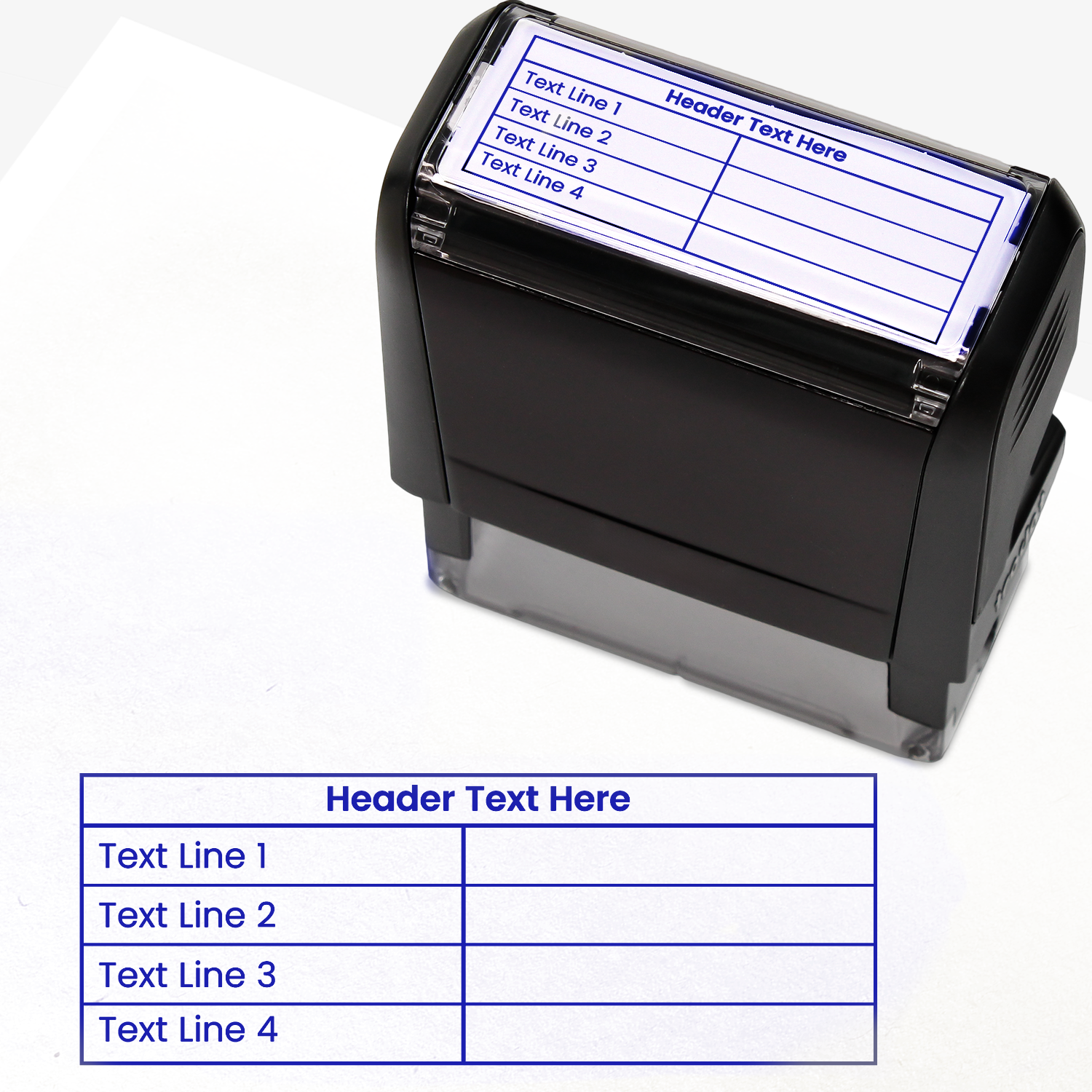 A self-inking stamp with purple ink, with a customisable label displaying the phrase 'Header Text here' above a table with four lines and two columns. Each line of the left hand column of the table has placeholder text 'Text Line 1', 'Text Line 2', 'Text Line 3' and 'Text Line 4'.  The right column is blank.