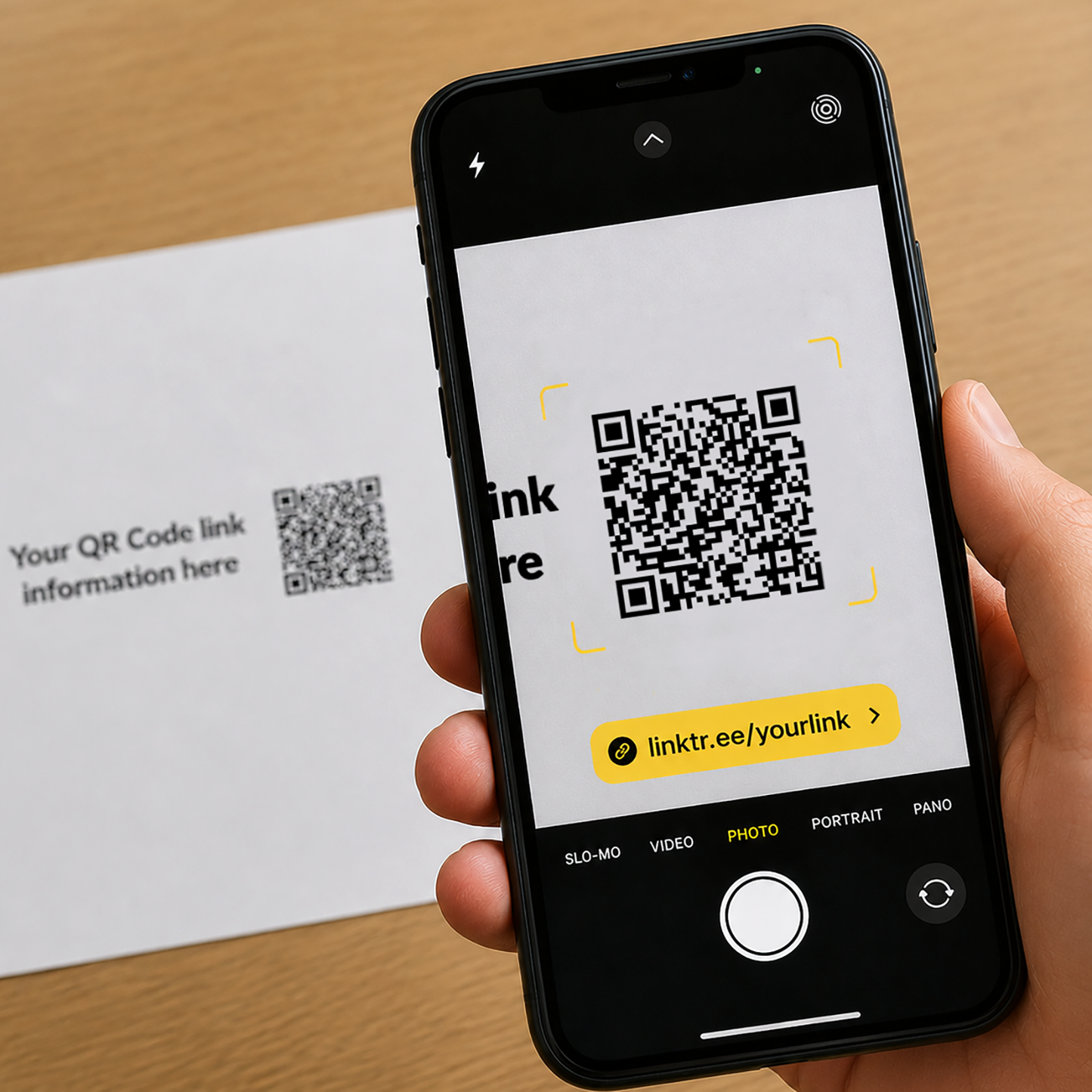 Hand holding a smartphone with a QR code scanning app on a wooden surface