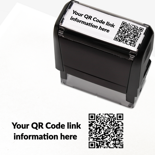 Black stamp with a QR code and text on a white background
