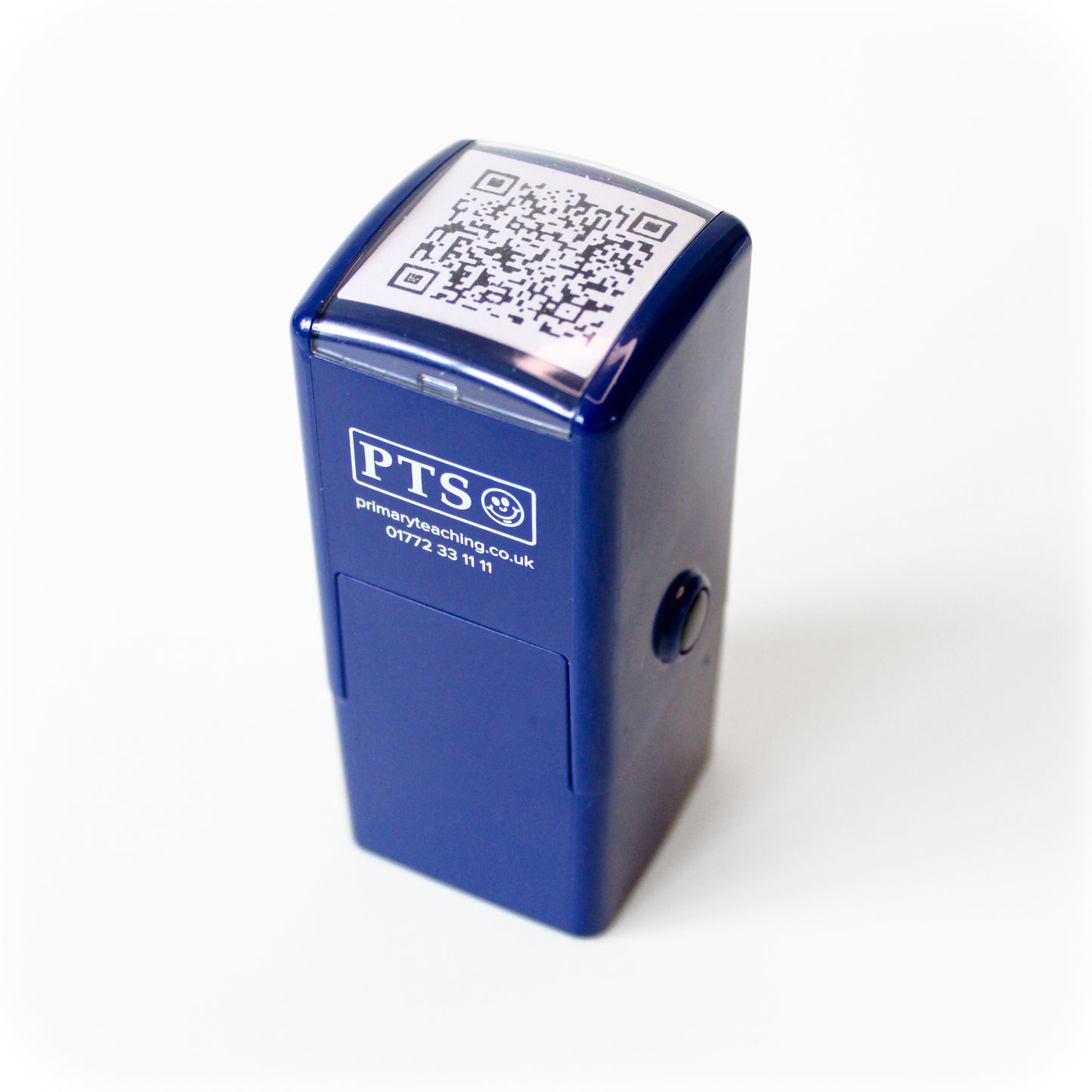Blue PTS device with QR code on a white background