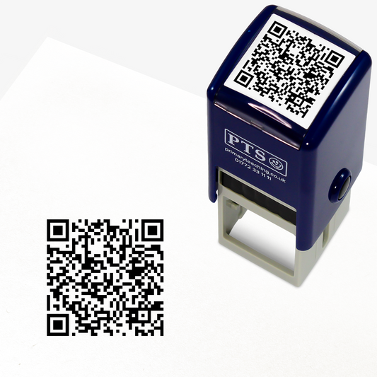 Blue PTS stamp with QR code on a white background