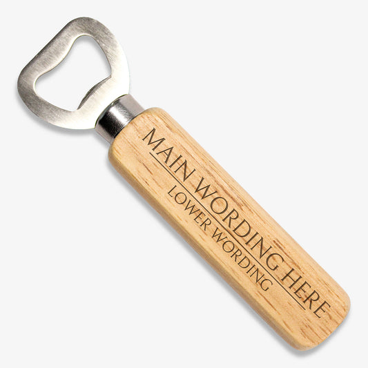 Bottle opener on white background. Metal opener with wooden handle with two rows of etched text for you to personalise, separated by a line.