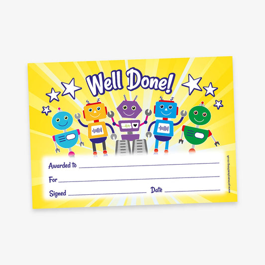 20 Tropical Fruit Scented Well Done Robot Certificates - A5