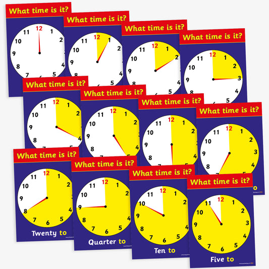 12 Tell the Time Analogue Clock Card Posters - A4