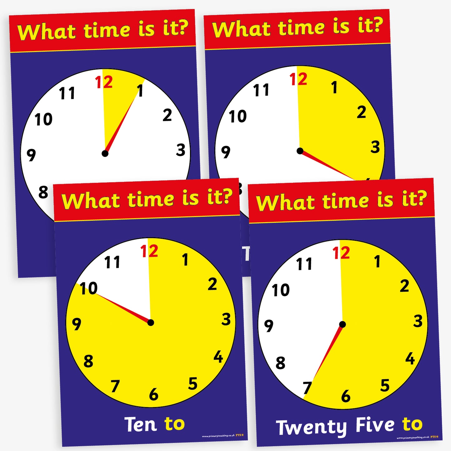 12 Tell the Time Analogue Clock Card Posters - A4