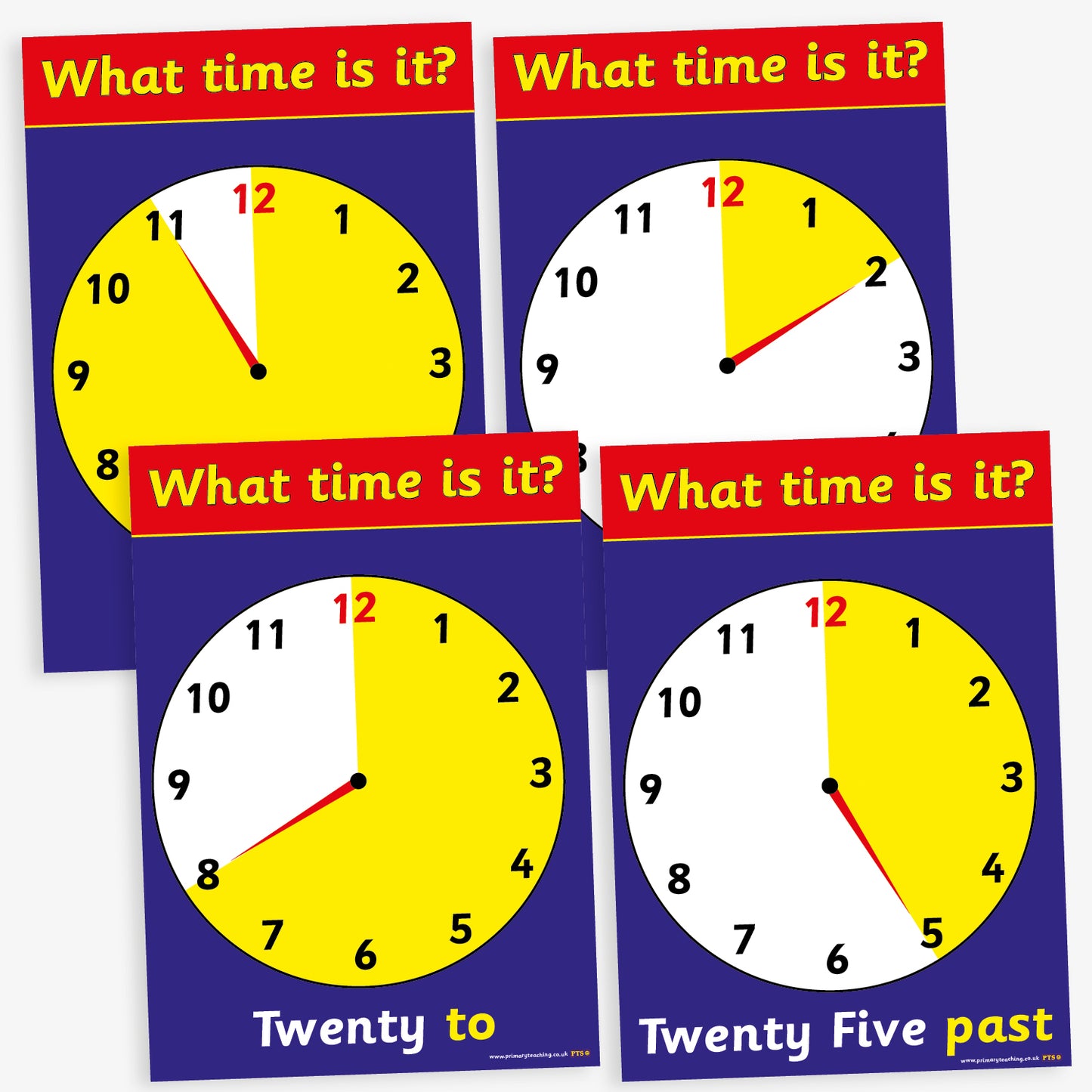12 Tell the Time Analogue Clock Card Posters - A4