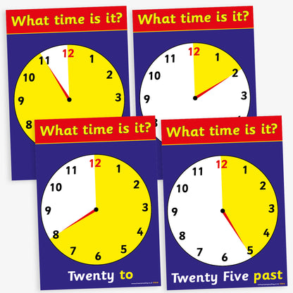 12 Tell the Time Analogue Clock Card Posters - A4