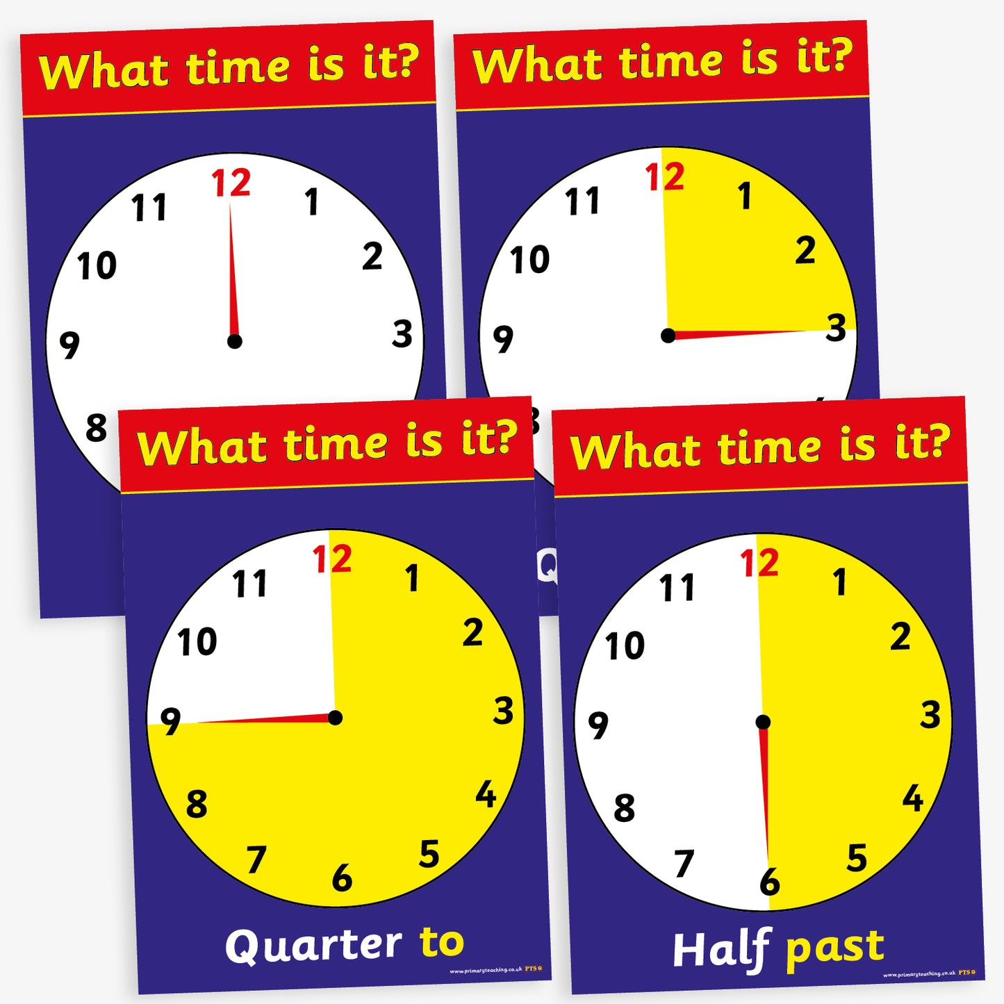 12 Tell the Time Analogue Clock Card Posters - A4