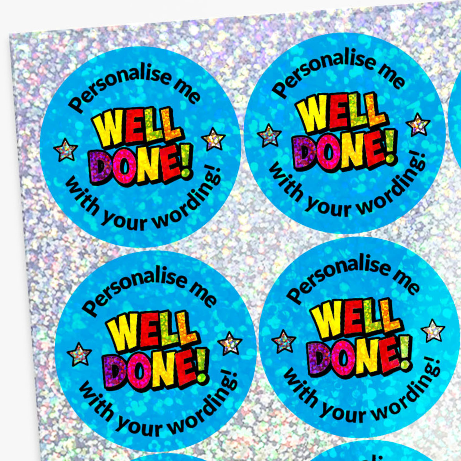 Round blue stickers with 'Well Done!' text on a glittery background