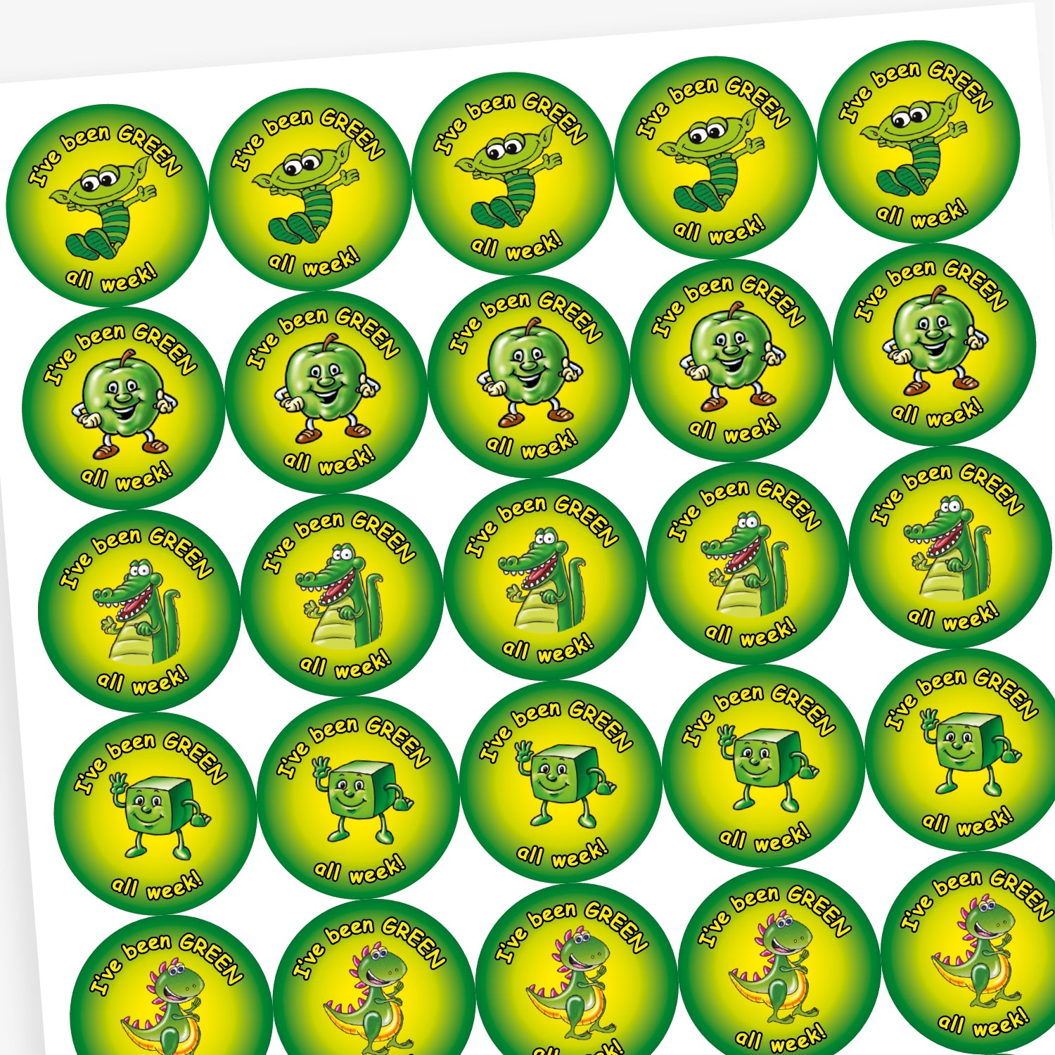 Pack of 280 37mm apple-scented circular stickers featuring vibrant green backgrounds with cheerful characters—such as a smiling apple, star, dinosaur, and alien—each displaying the text 'I've been GREEN all week!'; designed to reward positive behaviour in line with the 'Good to be Green' scheme.