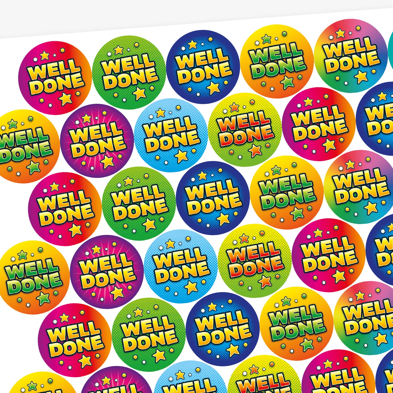 Colourful sheet of 'Well Done' stickers, orange scented.