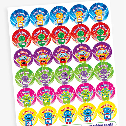 A sheet of 25mm circular stickers with tropical fruit scent.  Featuring colourful robots, each accompanied by motivational phrases such as 'Well Done' and 'Great Effort' and 'Excellent'. 
