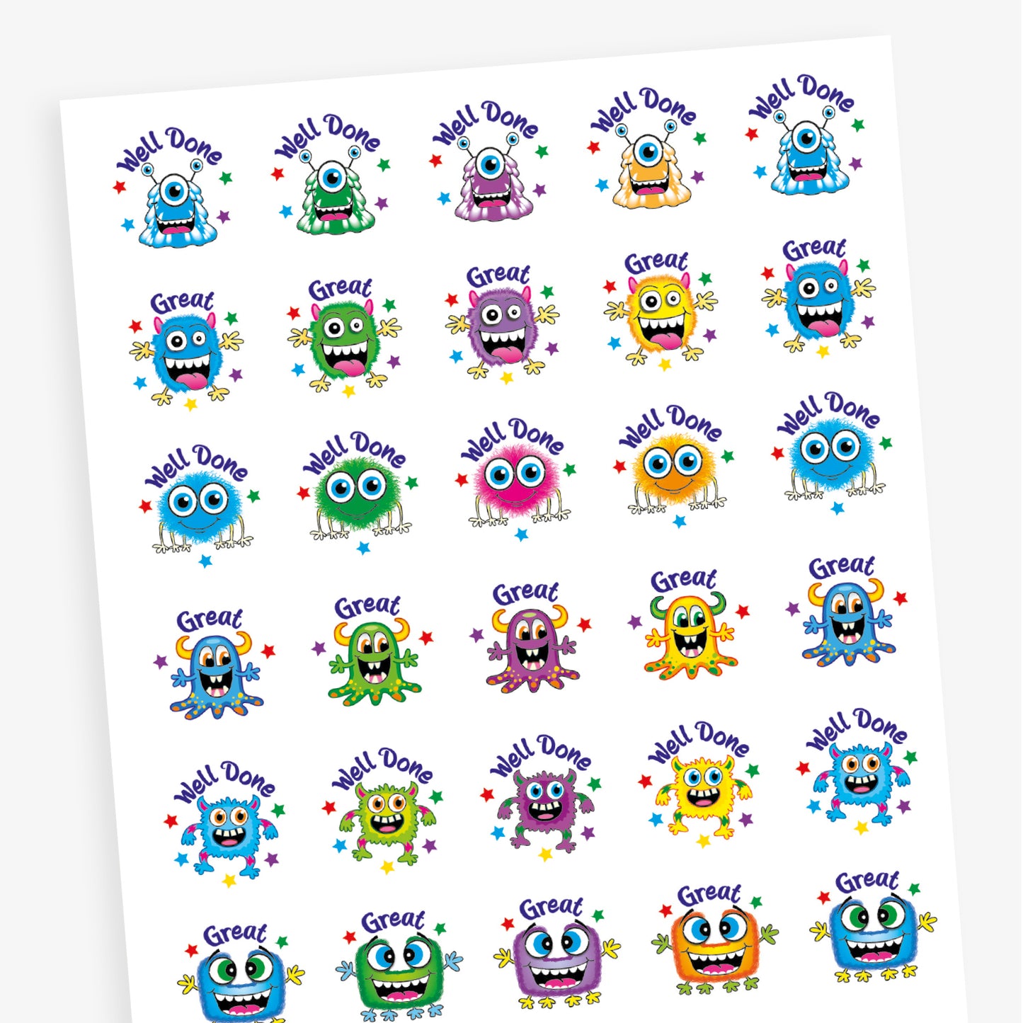 A sheet of 25mm circular stickers featuring colourful cartoon monsters with expressive faces, each accompanied by motivational phrases such as 'Well Done' and 'Great', designed to be berry-scented when rubbed.
