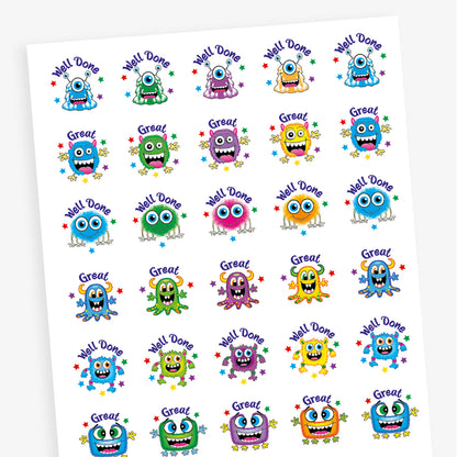 A sheet of 25mm circular stickers featuring colourful cartoon monsters with expressive faces, each accompanied by motivational phrases such as 'Well Done' and 'Great', designed to be berry-scented when rubbed.
