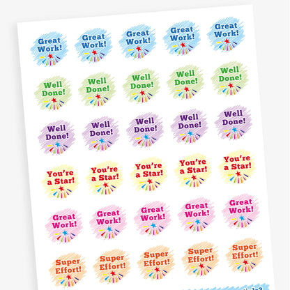 A sheet of 25mm circular stickers with berry scent.  Featuring pastel backgrounds with a start emitting different colours; each contains motivational phrases such as 'Well Done', Great Work' and 'You're a Star'
