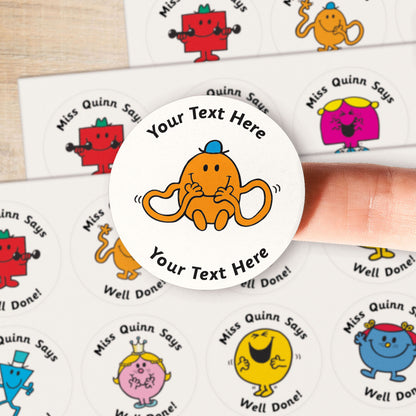 A close up image of Mr Tickle on a sticker.  Text around the character is customisable.

