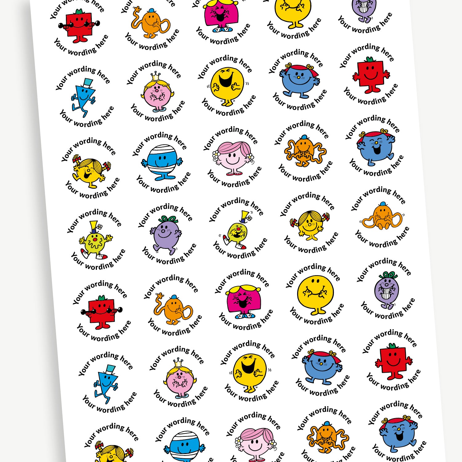 A sheet of 37mm round personalised stickers with jellybean scent. The stickers display different Mr Men or Little Miss characters, such as Mr Strong, Mr Tickle, Little Miss Sunshine and Little Misss Giggles. Text around the character is customisable.
