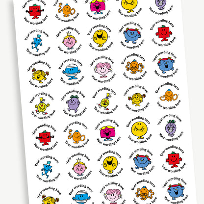 A sheet of 37mm round personalised stickers with jellybean scent. The stickers display different Mr Men or Little Miss characters, such as Mr Strong, Mr Tickle, Little Miss Sunshine and Little Misss Giggles. Text around the character is customisable.
