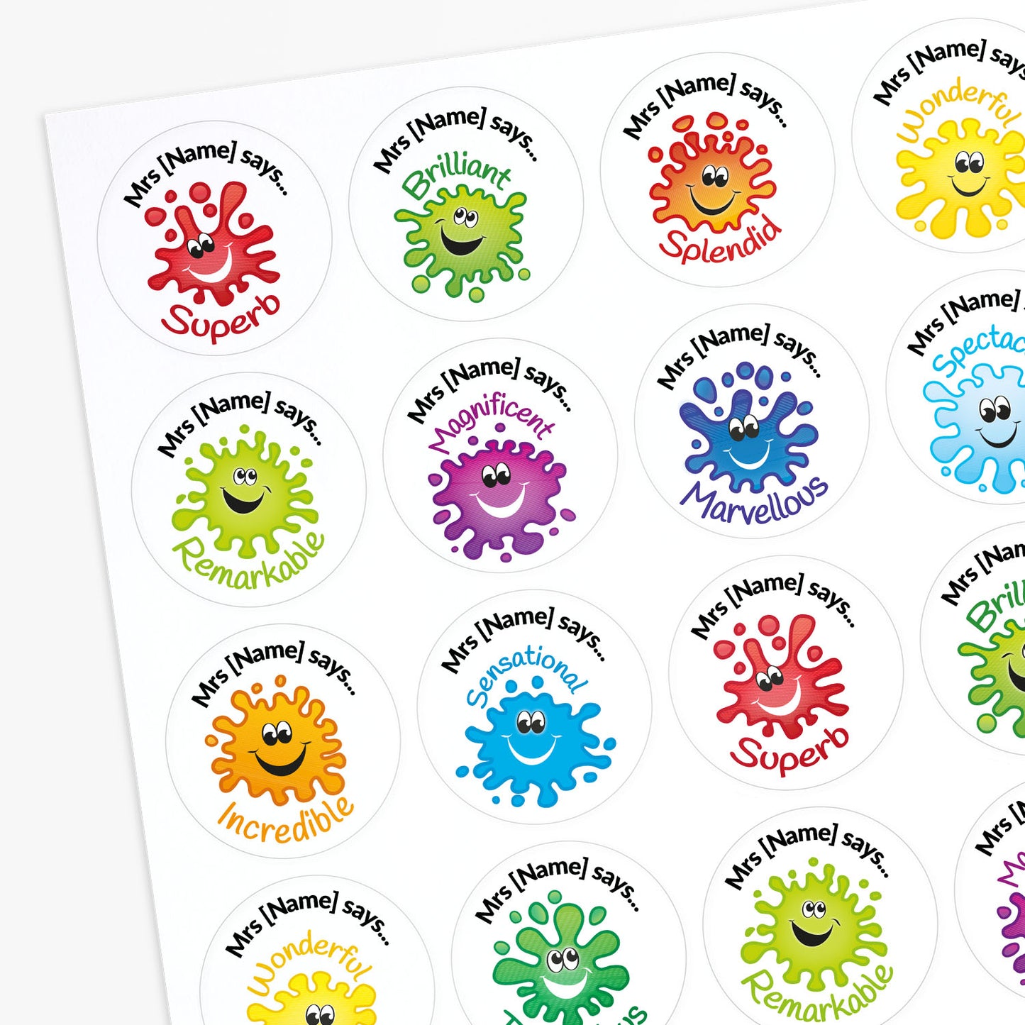 Colorful stickers with smiley face designs and text on a white background