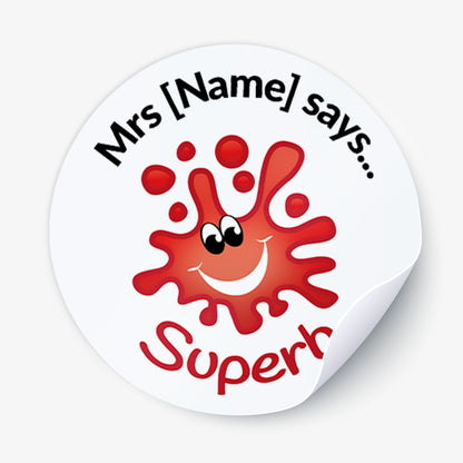 Circular sticker with a red cartoon character and text 'Mrs [Name] says Superb' on a white background