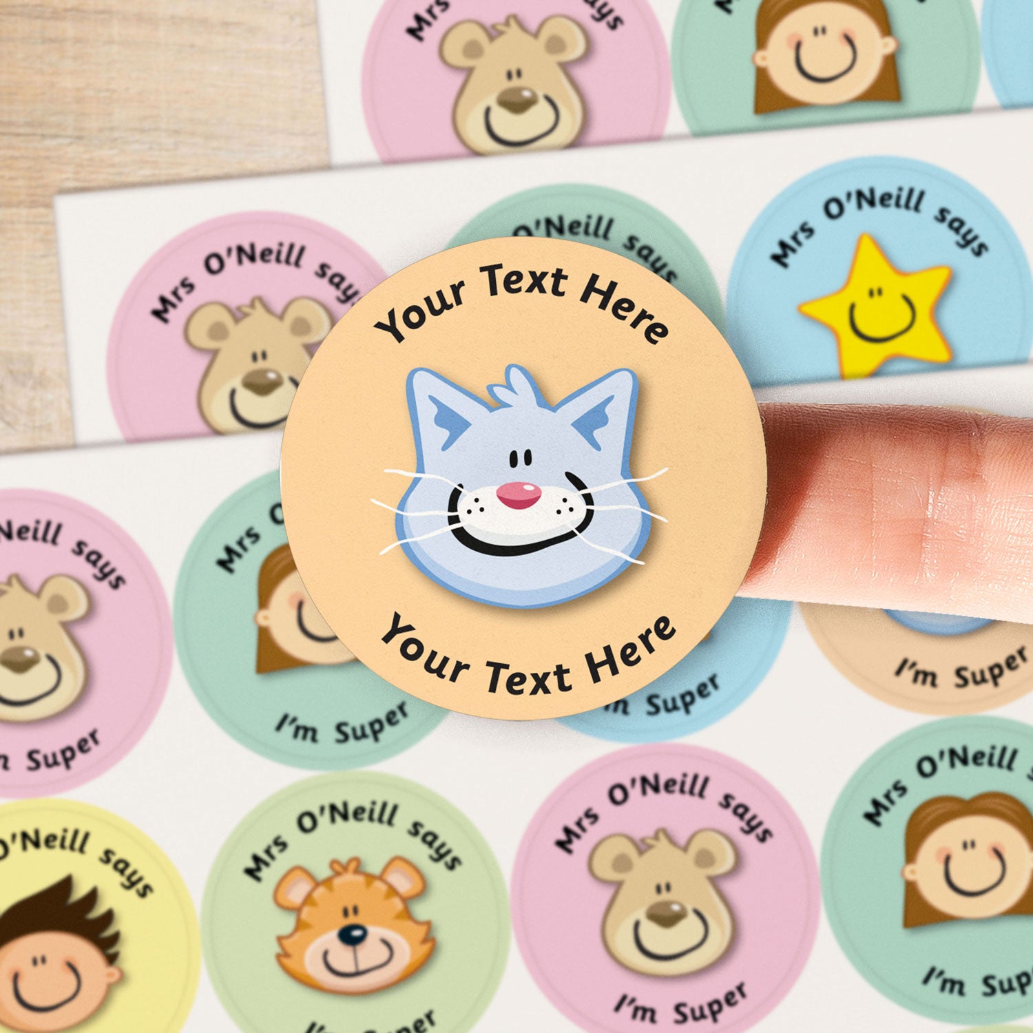 A close up image of a cat on a sticker.  Text around the character is customisable.
