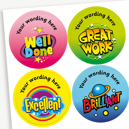 A sheet of 37mm round personalised cola scented sheet of colourful reward stickers featuring a variety of fun designs. Messages include 'Well Done', 'Amazing', 'Great', 'Excellent', and 'Great Work'. Text around the character is customisable.