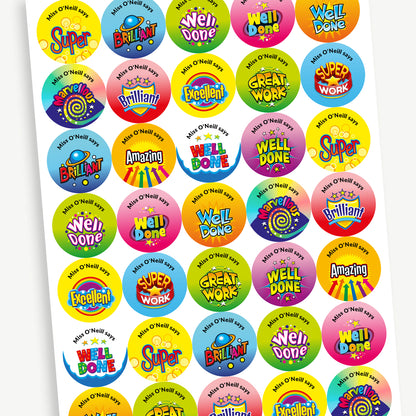 A sheet of 37mm round personalised cola scented sheet of colourful reward stickers featuring a variety of fun designs including solar, arrows, shields, and stars. Messages include 'Well Done', 'Amazing', 'Great', 'Excellent', and 'Great Work'. Text around the character is customisable.